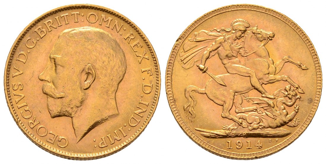 PEUS 4531 Großbritannien / Australien 7,32 g Feingold. Georg V. (1910 - 1936) Australien / Perth Sovereign GOLD 1914 P Kl. Randfehler, fast Vorzüglich
