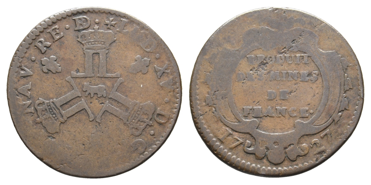  Frankreich; Bergbau-Jeton 1727, Kupfer, 9,88 g, Ø 30,2 mm   