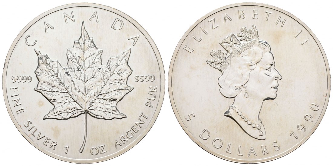 PEUS 4537 Kanada 31,1 g Feinsilber. Maple Leaf 5 Dollars Maple Leaf SILBER Unze 1990 Uncirculated