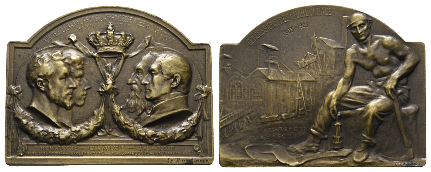  Belgien; Bergbauplakette 1903, Bronze, 40,89 g, 50,4 x 39,6 mm   
