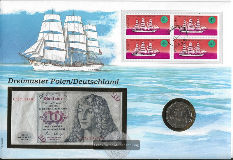 Numisbrief bzw. Banknotenbrief zum Dreimaster Polen/Deutschland 20 Złotych Dar Pomorza FM-Frankfurt   