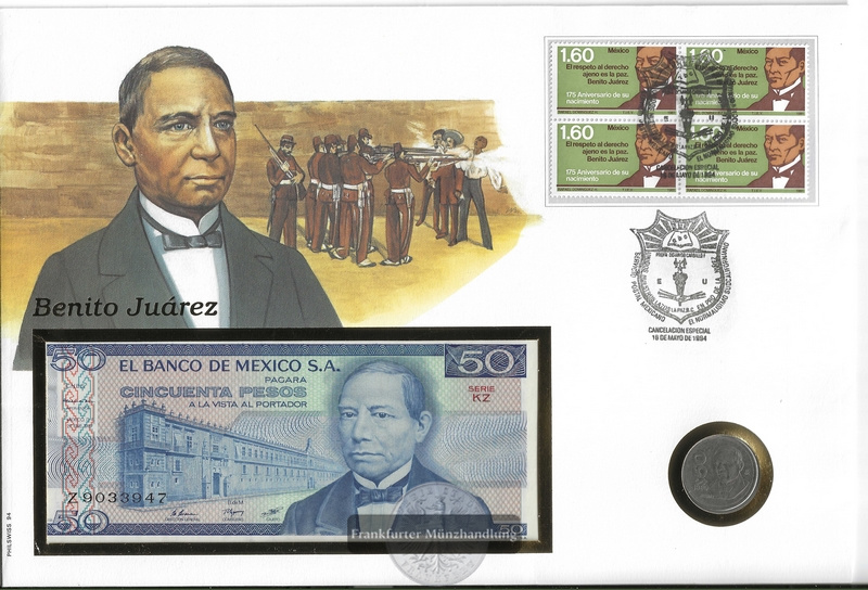  Numisbrief Mexico Benito Juarez mit 50-Pesos- Münze 50-Pesos Note FM-Frankfurt   