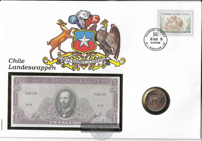  Numisnotenbrief - Chile Landeswappen 1 Escudo Note 100 Pesos Münze FM-Frankfurt   