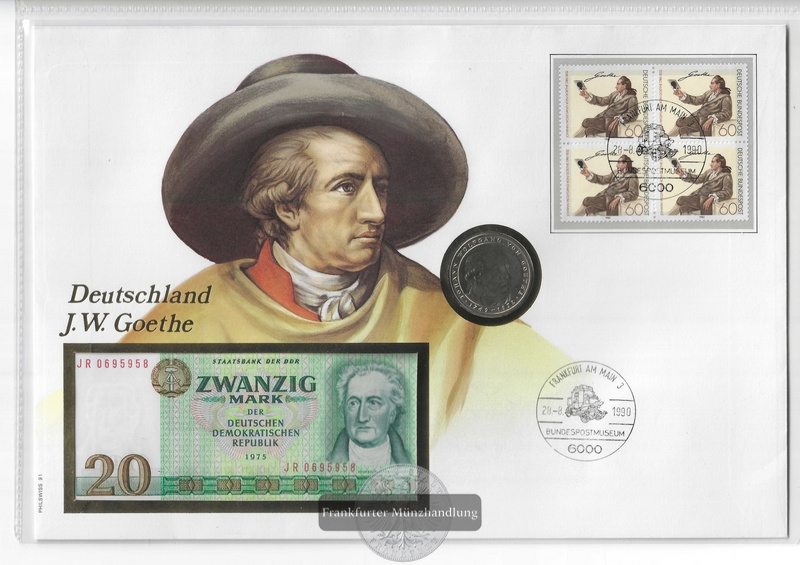  Numisnotenbrief - Deutschland J.W.Goethe 20 Mark DDR Note & BRD 5 DM münze  FM-Frankfurt   