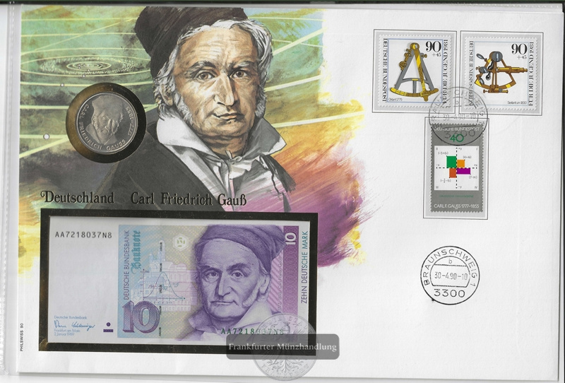  Numisnotenbrief - Deutschland Carl Friedrich Gauss 10DM &5 DM Gedenkmünze FM-Frankfurt Feinsilber:7g   