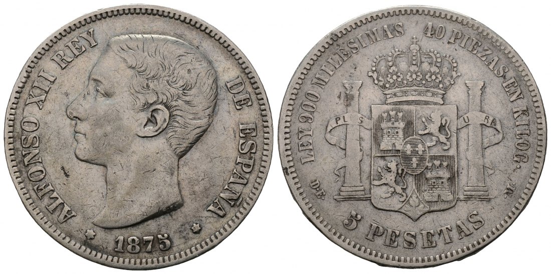 PEUS 4549 Spanien 22,5 g Feinsilber. Alfonso XII. (1874-1885) 5 Pesetas 1875 (1875)DE-M Sehr schön