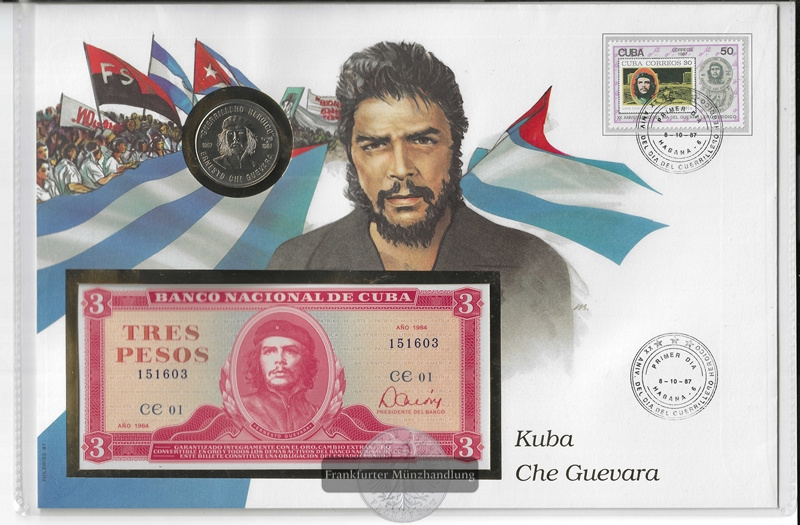  Numisnotenbrief -- Kuba - Che Guevara mit Banknote 3 Pesos und Münze 1 Pesos- FM-Frankfurt   