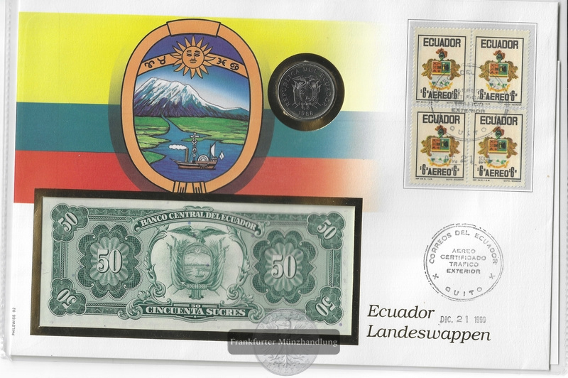  Numisnotenbrief-Ecuador Landeswappen  mit 50 Sucres Banknote&50 Sucres Münze - FM-Frankfurt   