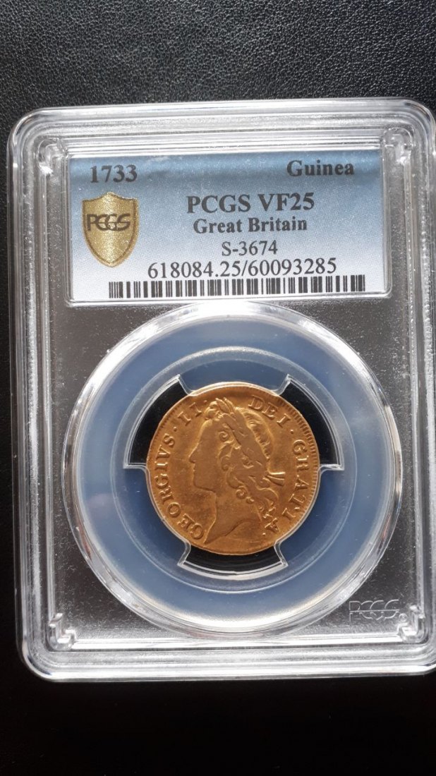 Guinea 1733 Großbritannien Münze, George II, PCGS VF25, Gold