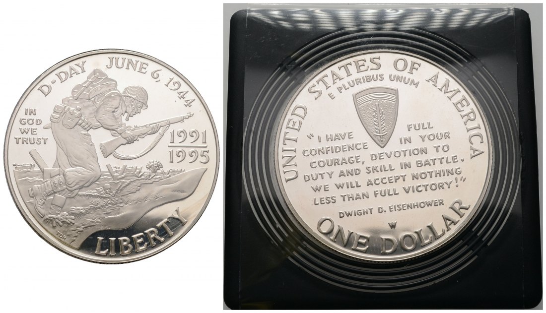 PEUS 4553 USA 24,06 g Feinsilber. 50. Jahrestag zweiter Weltkrieg Dollar SILBER 1993W Proof
