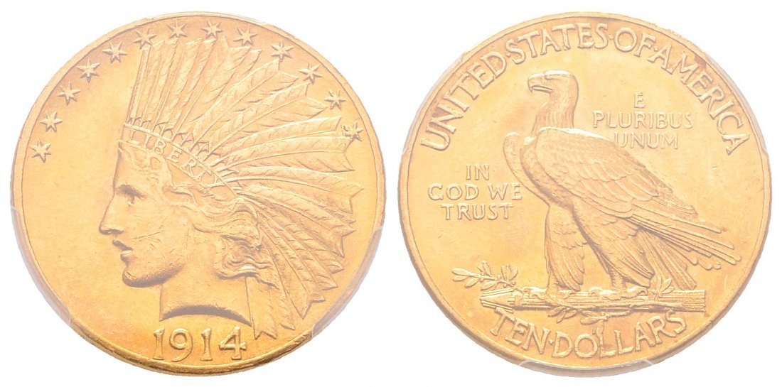PEUS 4565 USA 15,05 Feingold. Indian Head in PCGS-Holder 10 Dollars GOLD in Plastic-Holder 1914 PCGS-Bewertung MS63/ Vorzüglich +