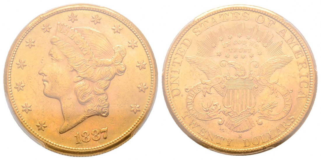 PEUS 4566 USA 30,1 g Feingold. Coronet Head 20 Dollars GOLD in Plastic-Holder 1887 S PCGS-Bewertung MS62/Kl.Kratze Vorzüglich
