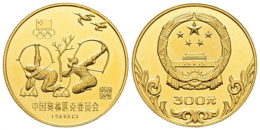 PEUS 4567 China 9,17 g Feingold. Olympiade Bogenschießen 300 Yuan GOLD 1980 Proof