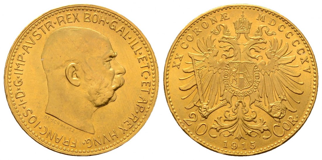PEUS 4570 Österreich 6,1 g Feingold. Franz Joseph I. (1848 - 1916) 20 Kronen (off.NP) GOLD 1915 Fast Stempelglanz