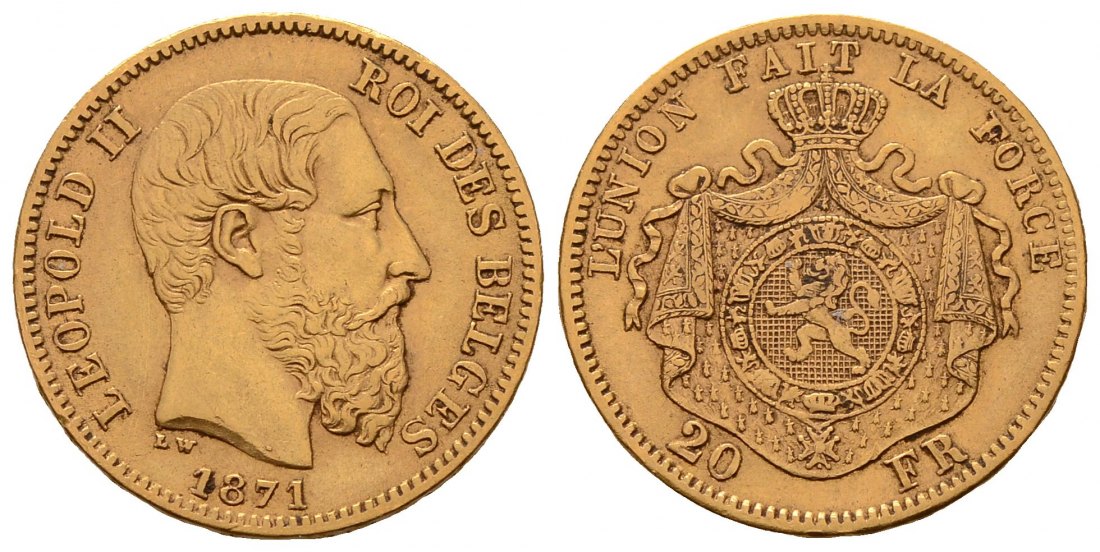 PEUS 4572 Belgien 5,81 g Feingold. Leopold II. (1865-1909) 20 Francs GOLD 1871 Sehr schön