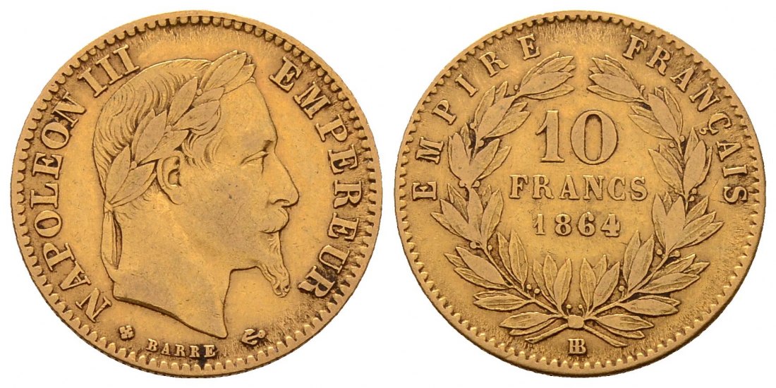 PEUS 4575 Frankreich 2,90 g Feingold. Napoleon III. (1852-1870) 10 Francs GOLD 1864 BB Straßbur Sehr schön