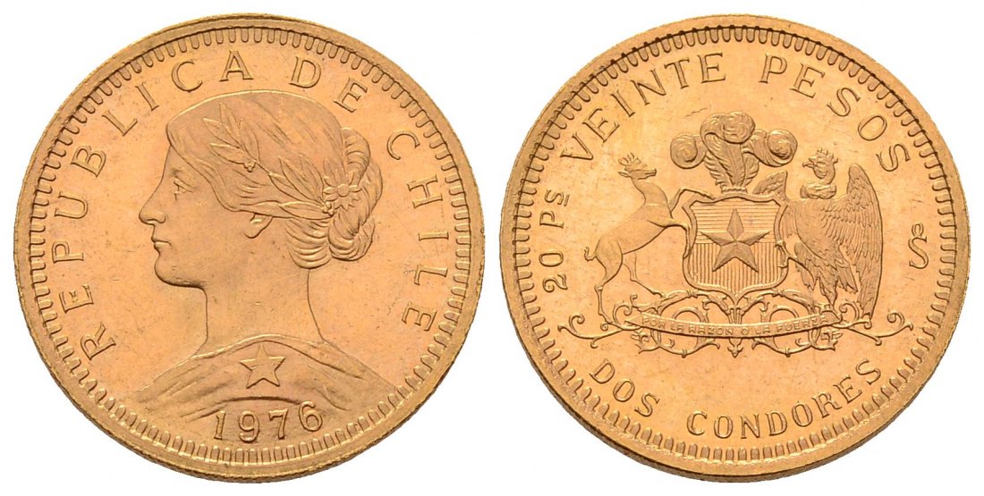 PEUS 4576 Chile 3,66 g Feingold 20 Pesos GOLD 1976 Vorzüglich