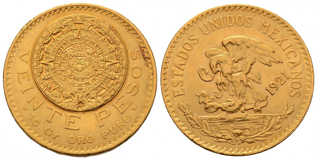 PEUS 4577 Mexiko 15 g Feingold 20 Pesos GOLD 1921 Kl. Kratzer, Vorzüglich