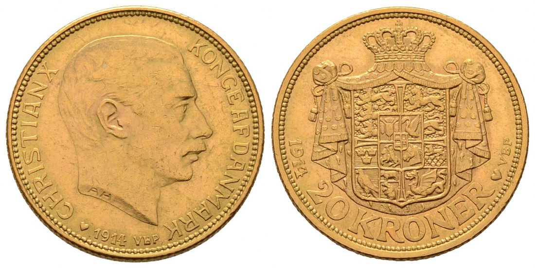 PEUS 4580 Dänemark 8,06 g Feingold. Kopenhagen Christian X. (1912 - 1947) 20 Kroner GOLD 1914 VBP Kl. Kratzer, Vorzüglich
