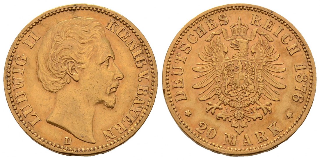PEUS 4588 Kaiserreich - Bayern 7,16 g Feingold. Ludwig II. (1864 - 1886) 20 Mark GOLD 1876 D München Sehr schön