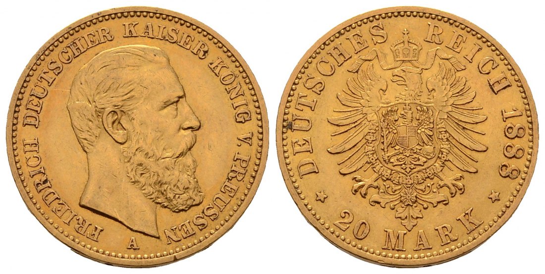 PEUS 4590 Kaiserreich - Preußen 7,16 g Feingold. Friedrich III.(09.03. - 15.06.1888) 20 Mark GOLD 1888 A Kl. Kratzer, fast Vorzüglich