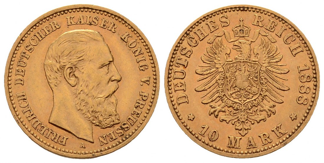 PEUS 4591 Kaiserreich - Preußen 3,58 g Feingold. Friedrich III. (09.03.- 15.06.1888) 10 Mark GOLD 1888 A Kl. Kratzer, fast Vorzüglich