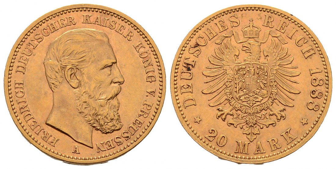 PEUS 4592 Kaiserreich - Preußen 7,16 g Feingold. Friedrich III.(09.03. - 15.06.1888) 20 Mark GOLD 1888 A Kl. Kratzer, Vorzüglich