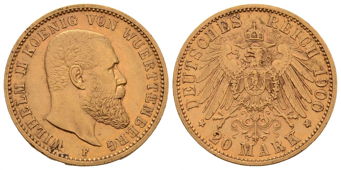 PEUS 4593 Kaiserreich - Württemberg 7,16 g Feingold. Wilhelm II. (1891 - 1918) 20 Mark GOLD 1900 F Kl. Kratzer, Sehr schön +