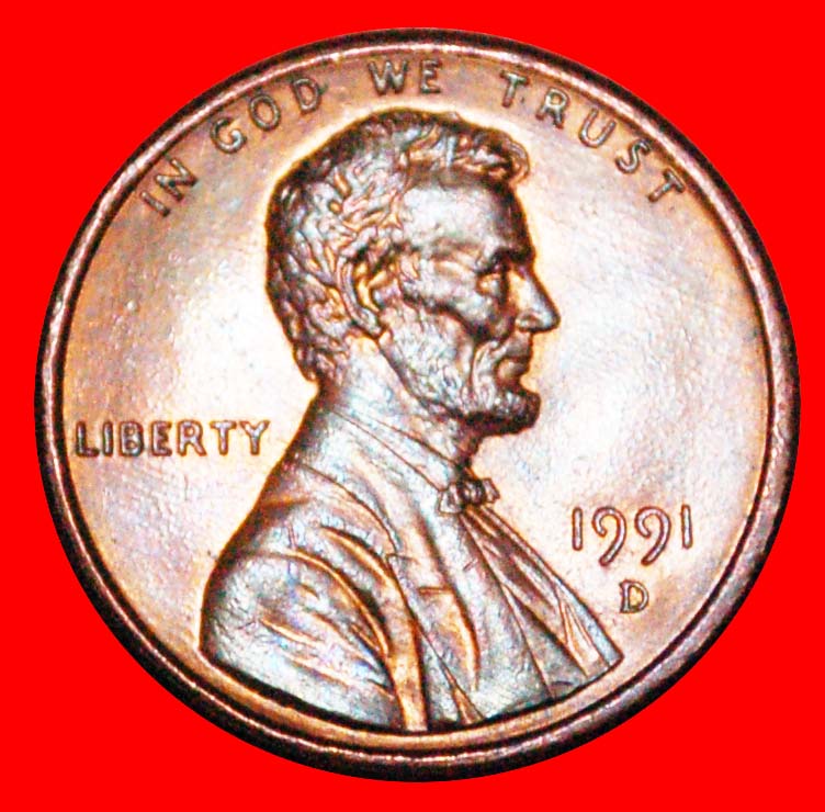  · MEMORIAL (1982-2008): USA ★ 1 CENT 1991D uSTG STEMPELGLANZ! LINCOLN (1809-1865) OHNE VORBEHALT!   