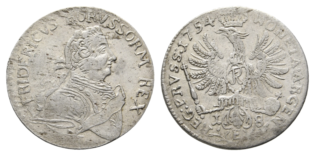  Brandenburg-Preußen, FII, 18 Gröscher 1754 E; Olding 186b, mit Stempelfehler   