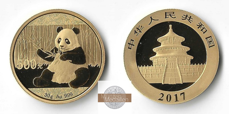 China  500 Yuan MM-Frankfurt Feingold: 30g Panda 2017 