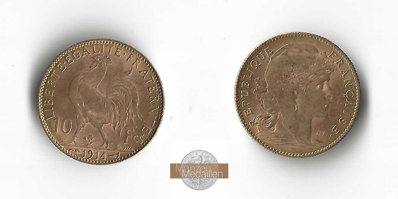 Frankreich  10 Francs MM-Frankfurt Feingold: 2,9g Marianne 1914 