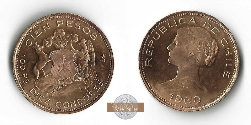Chile MM-Frankfurt  Feingold: 18,30g 100 Pesos 1960 
