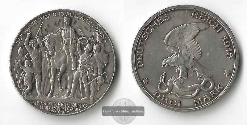  Kaiserreich, Preussen 3 Mark 1913 Befreiungskriege gegen Frankreich  FM-Frankfurt  Feinsilber:15g   