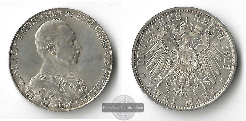 Kaiserreich, Preussen  2 Mark  1913 A  Wilhelm II. in Uniform   FM-Frankfurt Feinsilber: 10g   