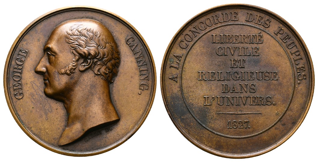  Linnartz Großbritannien Bronzemedaille 1827 (Galle) a.d. Tod von George Canning vz Gewicht: 56,5g   