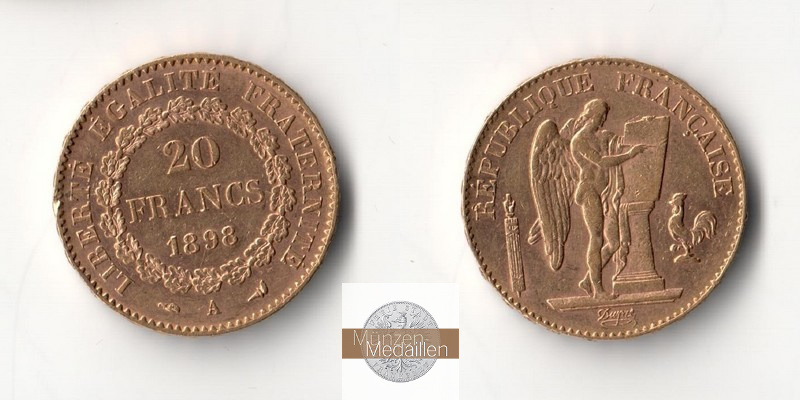 Frankreich MM-Frankfurt Feingold: 5,81g 20 Francs 1896 A 
