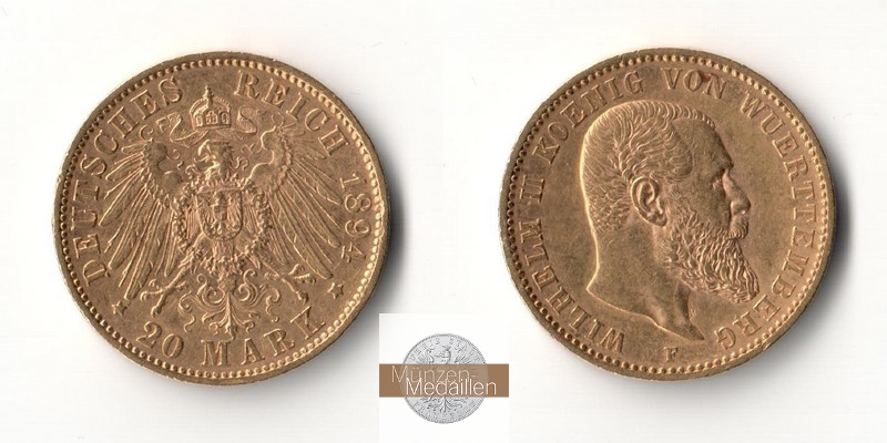 Württemberg, Kaiserreich  20 Mark MM-Frankfurt Feingold: 7,17g Wilhelm II. 1891-1918 1894 F 