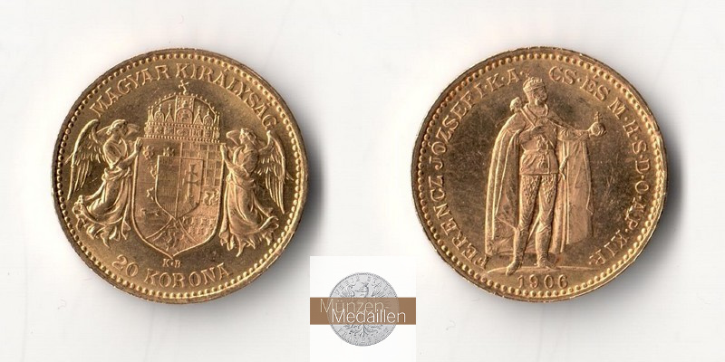 Ungarn MM-Frankfurt  Feingold 6,10g 20 Kronen 1906 ss