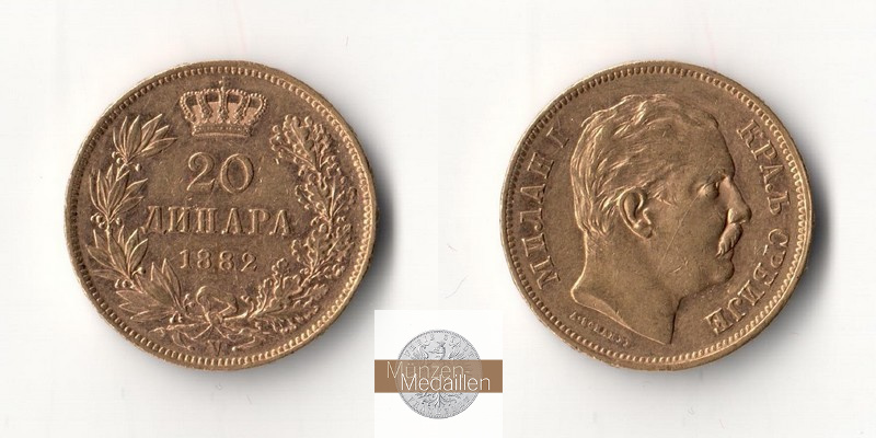 Serbien Feingewicht: 5,81g 20 Dinara Milan I (1882-1889) 1882 