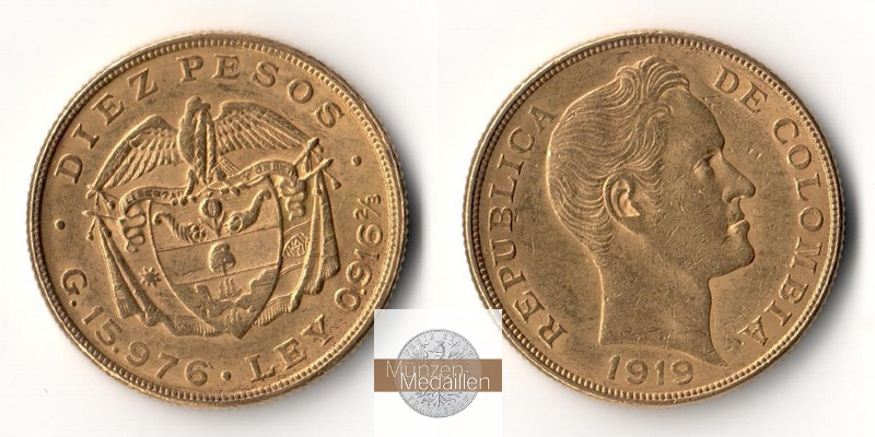 Kolumbien Feingold: 14,65g 10 Pesos 1919 