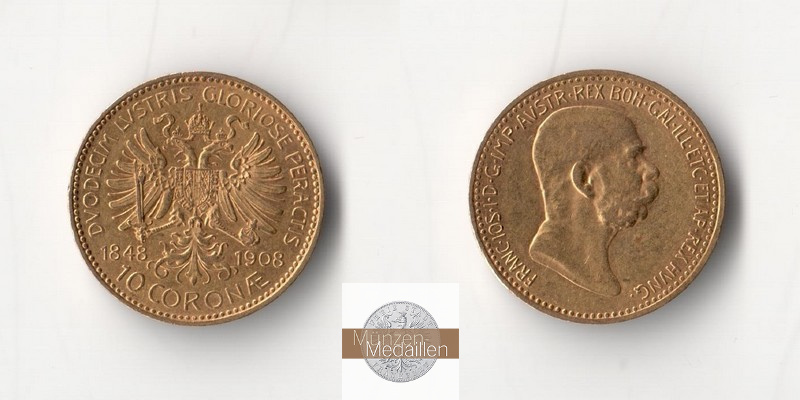 Österreich MM-Frankfurt Feingold: 3,05g 10 Kronen 1848/1908 
