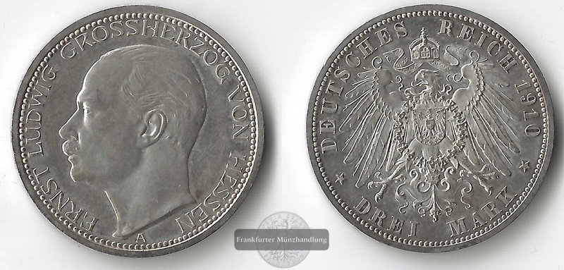  Kaiserreich, Hessen  3 Mark  1910 A  Ernst Ludwig  FM-Frankfurt Feingewicht: 15g Silber  sehr schön   