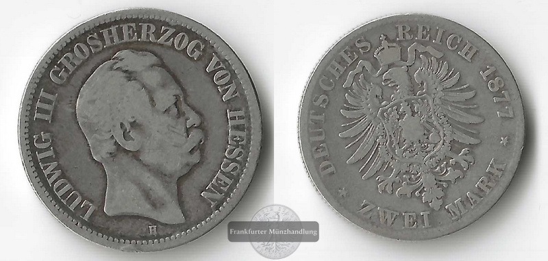  Kaiserreich, Hessen 2 Mark 1877 H Ludwig III Grosherzog von Hessen FM-Frankfurt Feinsilber:9,74g s/s   