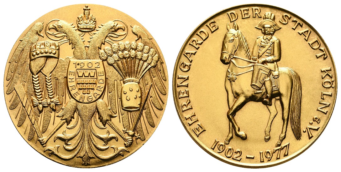  Linnartz Köln vergoldete Bronzemedaille 1977 75 Jahre Ehrengarde vz-stgl Gewicht: 46,5g   