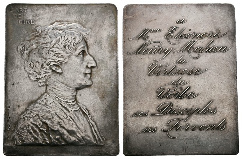  Linnartz Belgien versilberte Bronzeplakette o.J.(Theunis) Eleonore Neury-Mahieu vz Gewicht: 78,1g   