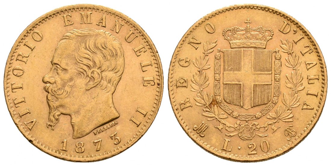 PEUS 4610 Italien Königreich 5,81 g Feingold. Vittorio Emanuelle II. (1861 - 1878) 20 Lire GOLD 1873 M BN Sehr schön