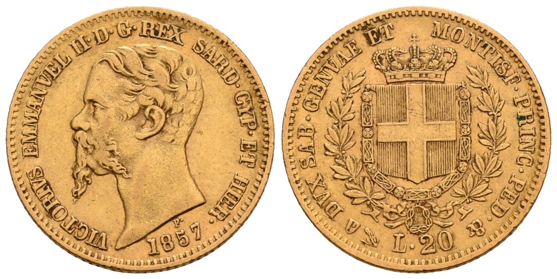 PEUS 4612 Italien-Sardinien Königreich 5,81 g Feingold. Vittorio Emanuelle II. (1861 - 1878) 20 Lire GOLD 1857 P Genua Sehr schön