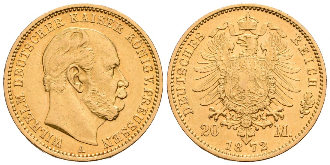 PEUS 4616 Kaiserreich - Preußen 7,16 g Feingold. Wilhelm I. (1861 - 1888) 20 Mark GOLD 1872 A Berlin Kl. Randfehler, Sehr schön +