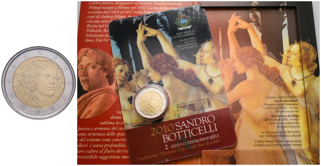 PEUS 4634 San Marino Sandro Botticelli. Originalverpackung 2 Euro 2010 Uncirculated (eingeschweißt)
